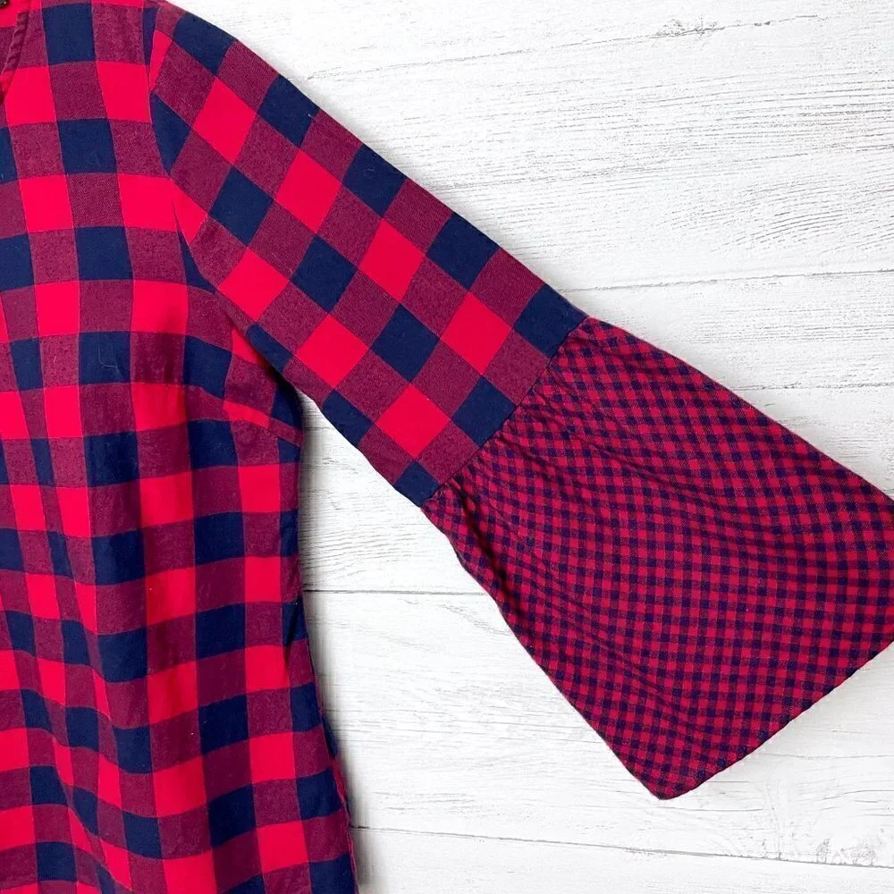 J. Crew Mercantile Women's Top Red & Navy Blue Plaid Flannel Bell Sleeves size 2